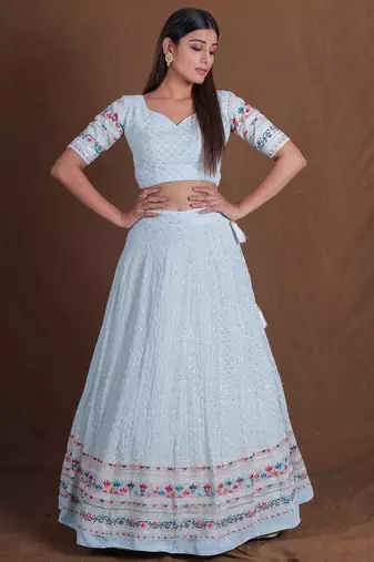 Aqua Blue Thread sequin Zari Embroidered Georgette indian wedding lehenga choli