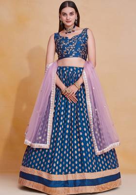 Comely Blue Zari Weaving Pearl Work Border Georgette Indian wedding lehenga dress 1