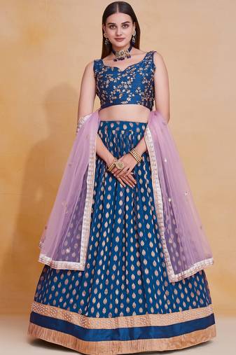 Comely Blue Zari Weaving, Pearl Work Border Georgette Indian wedding lehenga dress