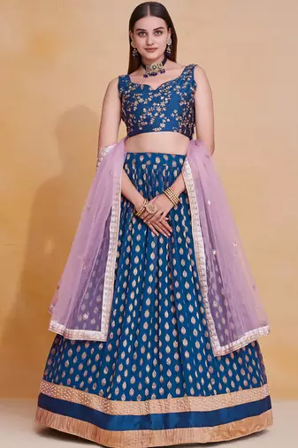 Comely Blue Zari Weaving, Pearl Work Border Georgette Indian wedding lehenga dress