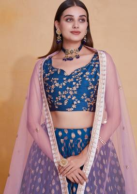 Comely Blue Zari Weaving Pearl Work Border Georgette Indian wedding lehenga dress 2