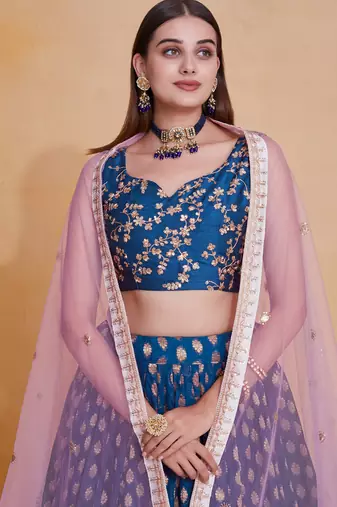 Comely Blue Zari Weaving, Pearl Work Border Georgette Indian wedding lehenga dress