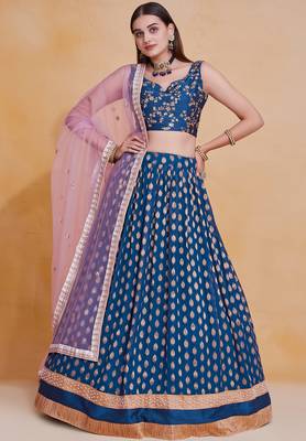 Comely Blue Zari Weaving Pearl Work Border Georgette Indian wedding lehenga dress 3