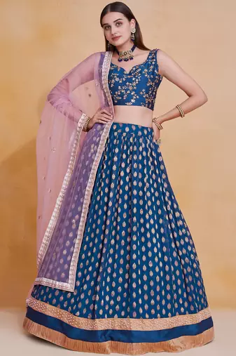 Comely Blue Zari Weaving, Pearl Work Border Georgette Indian wedding lehenga dress