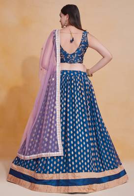 Comely Blue Zari Weaving Pearl Work Border Georgette Indian wedding lehenga dress 4
