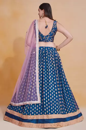Comely Blue Zari Weaving, Pearl Work Border Georgette Indian wedding lehenga dress