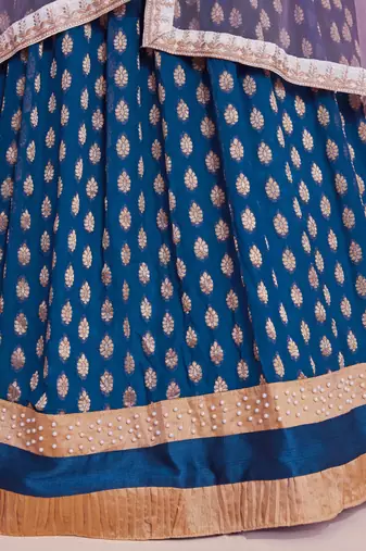 Comely Blue Zari Weaving, Pearl Work Border Georgette Indian wedding lehenga dress