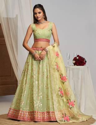 Sea-Green Zari sequin Multi Thread Floral Embroidered Georgette indian wedding lehenga dress 1