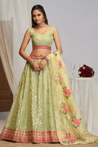 Sea-Green Zari sequin Multi Thread Floral Embroidered Georgette lehenga