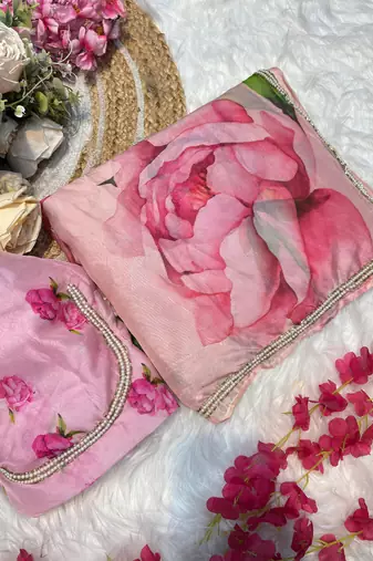 teby silk blend pink floral printed hand work saree with stitched blouse