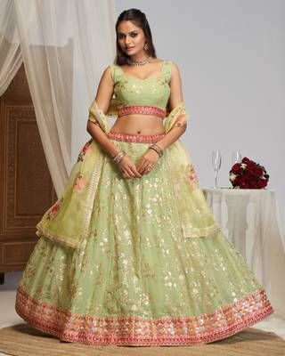 Sea-Green Zari sequin Multi Thread Floral Embroidered Georgette indian wedding lehenga dress 2