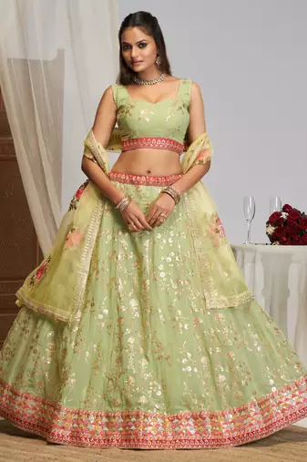 Sea-Green Zari sequin Multi Thread Floral Embroidered Georgette indian wedding lehenga dress