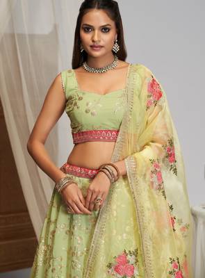 Sea-Green Zari sequin Multi Thread Floral Embroidered Georgette indian wedding lehenga dress 3