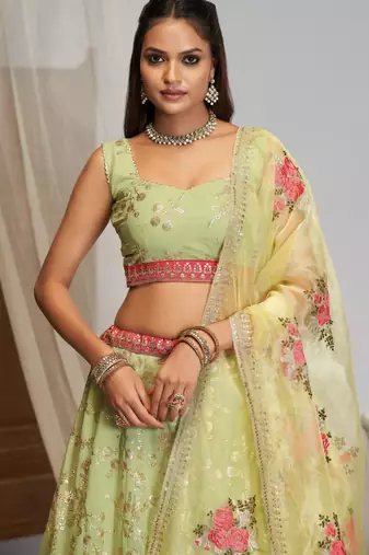 Sea-Green Zari sequin Multi Thread Floral Embroidered Georgette indian wedding lehenga dress