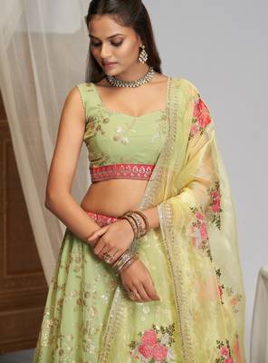 Sea-Green Zari sequin Multi Thread Floral Embroidered Georgette indian wedding lehenga dress 4