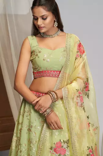 Sea-Green Zari sequin Multi Thread Floral Embroidered Georgette indian wedding lehenga dress