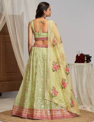 Sea-Green Zari sequin Multi Thread Floral Embroidered Georgette indian wedding lehenga dress 5