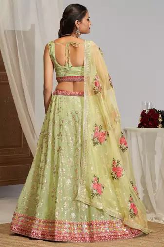Sea-Green Zari sequin Multi Thread Floral Embroidered Georgette indian wedding lehenga dress