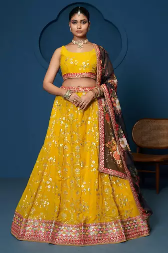 Yellow Zari sequin Multi Thread Floral Embroidered Georgette lehenga choli