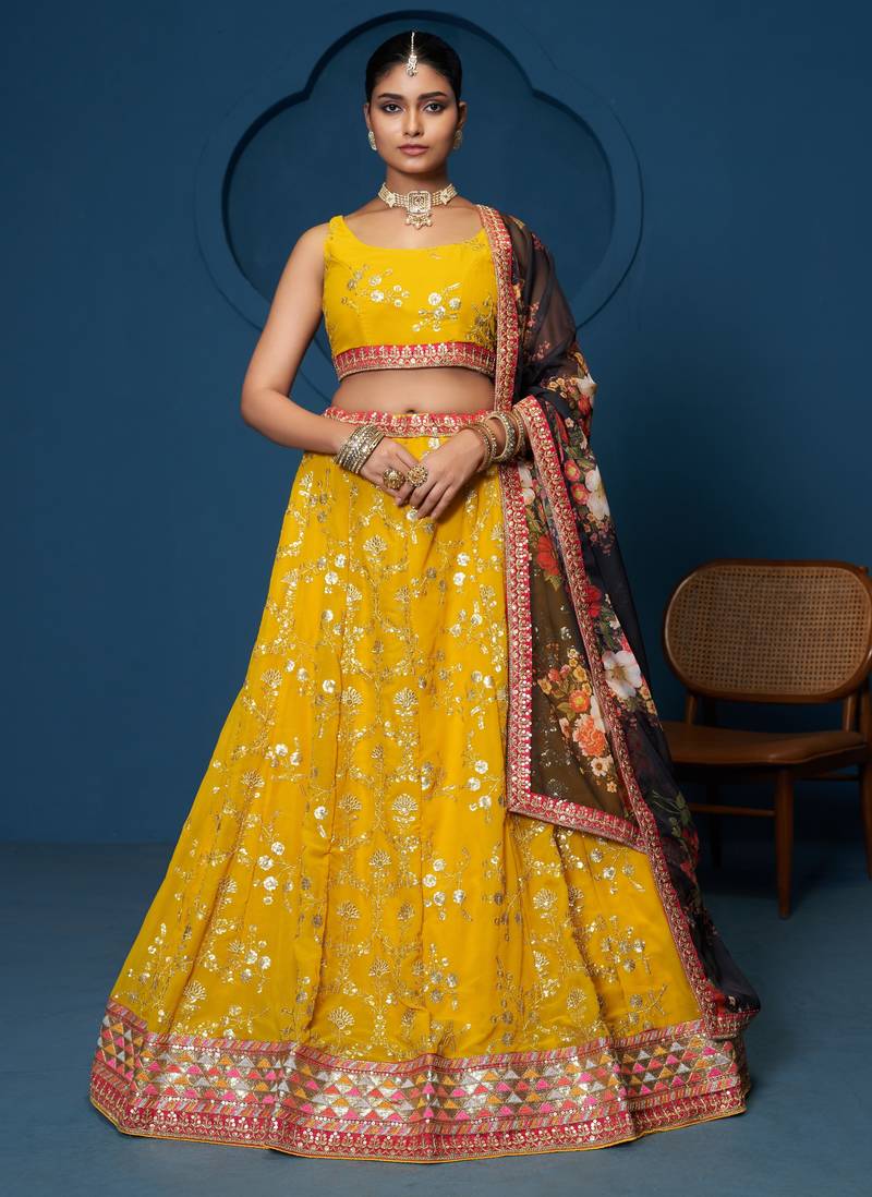 Yellow Zari sequin Multi Thread Floral Embroidered Georgette lehenga choli