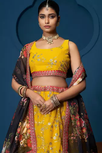Yellow Zari sequin Multi Thread Floral Embroidered Georgette indian designer wedding haldi lehenga choli