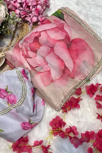 teby silk blend peach floral printed hand work saree with stitched blouse