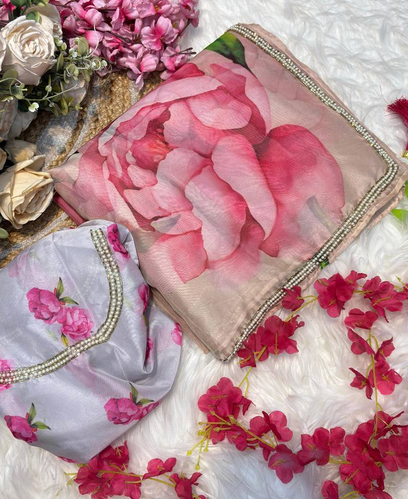 teby silk blend peach floral printed hand work saree with stitched blouse