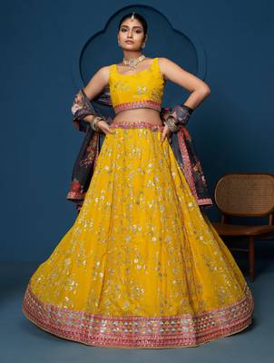 Yellow Zari sequin Multi Thread Floral Embroidered Georgette indian designer wedding haldi lehenga choli 3