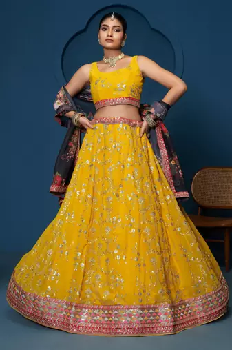 Yellow Zari sequin Multi Thread Floral Embroidered Georgette indian designer wedding haldi lehenga choli