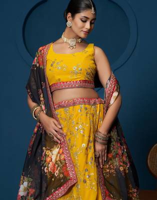 Yellow Zari sequin Multi Thread Floral Embroidered Georgette indian designer wedding haldi lehenga choli 4