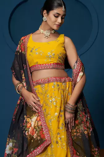 Yellow Zari sequin Multi Thread Floral Embroidered Georgette indian designer wedding haldi lehenga choli