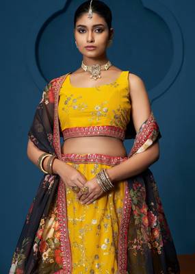 Yellow Zari sequin Multi Thread Floral Embroidered Georgette indian designer wedding haldi lehenga choli 5