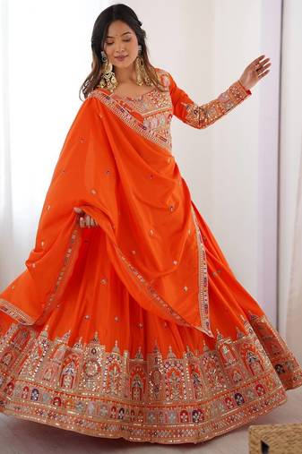 Alluring Orange Multi Thread, Sequence, Embroidered Georgette Indian wedding lehenga choli