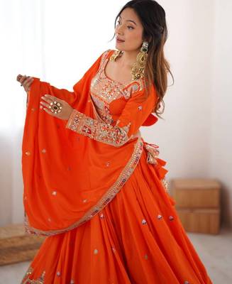 Alluring Orange Multi Thread Sequence Embroidered Georgette Indian wedding lehenga choli 3