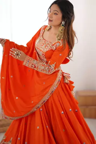Alluring Orange Multi Thread, Sequence, Embroidered Georgette Indian wedding lehenga choli