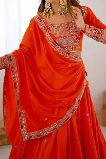 Alluring Orange Multi Thread, Sequence, Embroidered Georgette Indian wedding lehenga choli