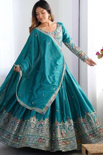 Seductive Turquoise Multi Thread, Sequence, Embroidered Georgette Indian designer lehenga choli