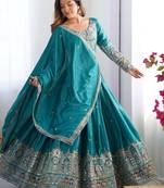 Seductive Turquoise Multi Thread, Sequence, Embroidered Georgette Indian designer lehenga choli