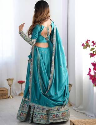 Seductive Turquoise Multi Thread Sequence Embroidered Georgette Indian designer lehenga choli 2