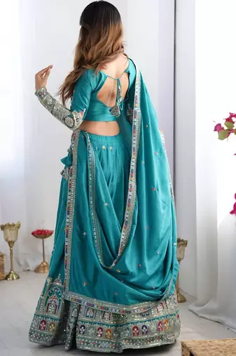 Seductive Turquoise Multi Thread, Sequence, Embroidered Georgette Indian designer lehenga choli