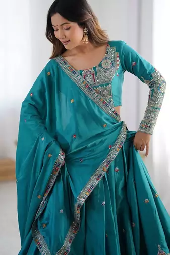 Seductive Turquoise Multi Thread, Sequence, Embroidered Georgette Indian designer lehenga choli