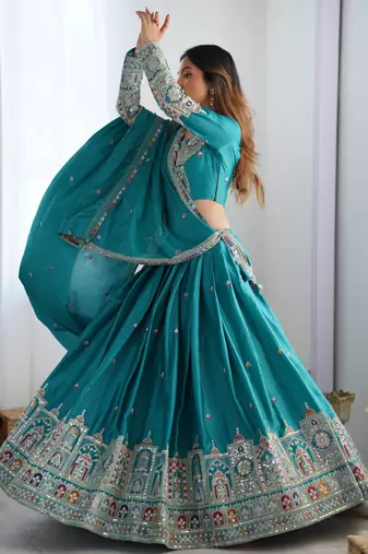 Seductive Turquoise Multi Thread, Sequence, Embroidered Georgette Indian designer lehenga choli