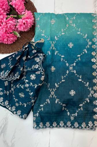 ombre pattern blue crush silk blend saree with stitched blouse