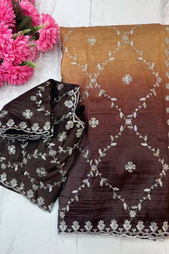 ombre pattern coffee crush silk blend saree with stitched blouse