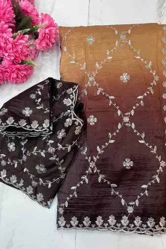ombre pattern coffee crush silk blend saree with stitched blouse