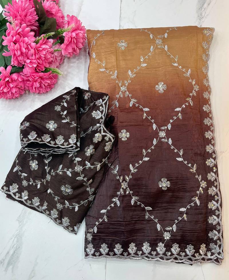 ombre pattern coffee crush silk blend saree with stitched blouse