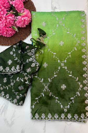 ombre pattern green crush silk blend saree with stitched blouse