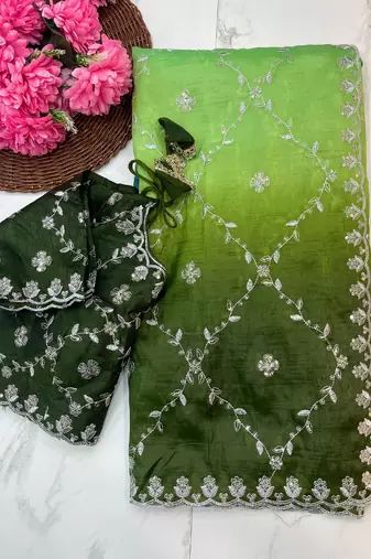 ombre pattern green crush silk blend saree with stitched blouse