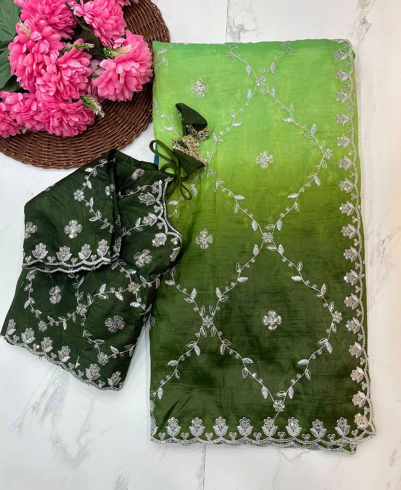 ombre pattern green crush silk blend saree with stitched blouse