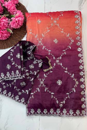 ombre pattern purple crush silk blend saree with stitched blouse